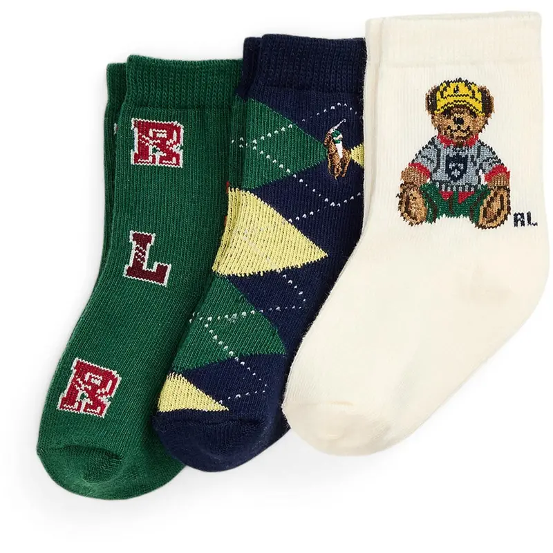 Ralph Lauren Baby Ivory/Navy/Green Baby Boy Crew Strømpe 3-Pak 1