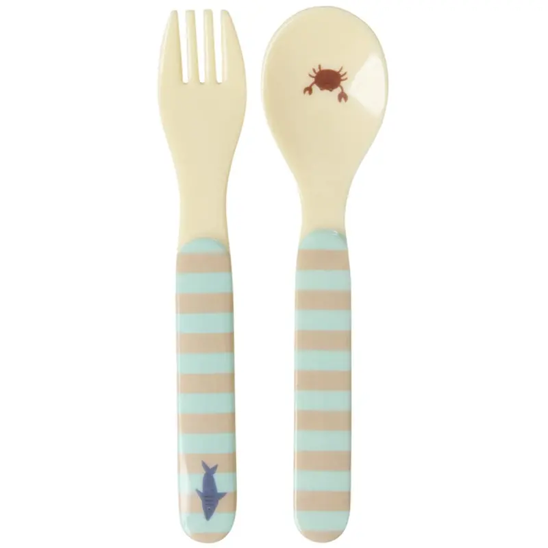 Rice Blue Ocean Print Kids Melamine Ske Og Gaffel 1