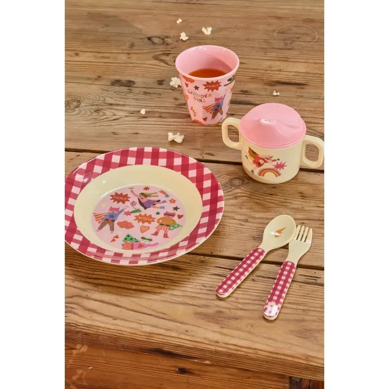 Rice Kids Melamin Ske Og Gaffel Med Hero Print - Pink 2