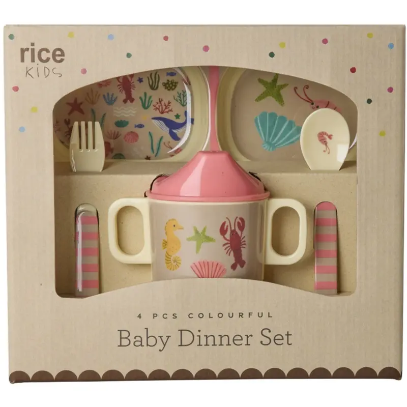 Rice Melamin Baby Dinner Sæt In Gift Box - Coral Ocean Print - 4 Pcs 1