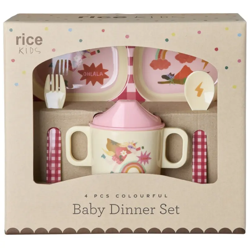 Rice Melamin Baby Dinner Sæt In Giftbox - Hero Print - Pink - 4 Pcs 1