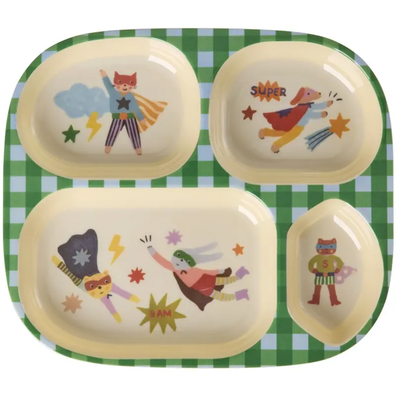 Rice Melamin Kids 4 Room Tallerken Med Hero Print - Green 1