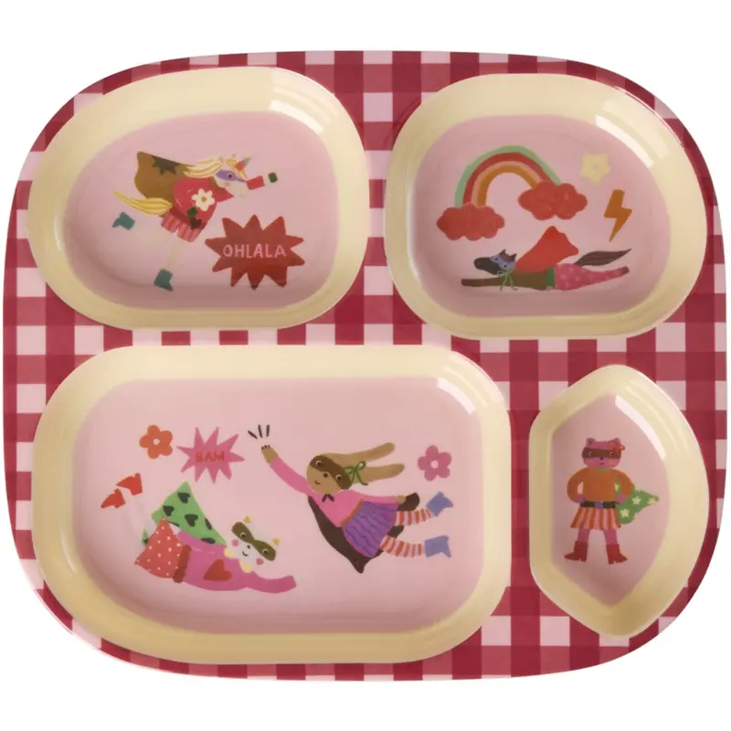 Rice Melamin Kids 4 Room Tallerken Med Hero Print - Pink 1