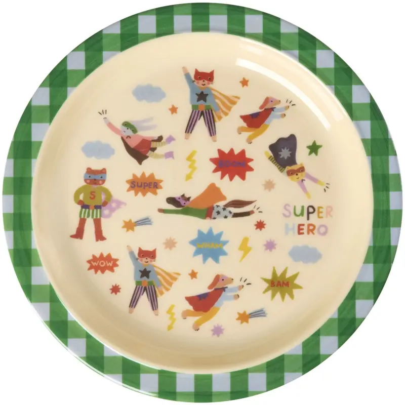 Rice Melamin Kids Lunch Tallerken Med Hero Print - Green 1