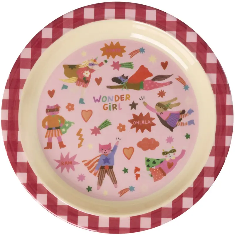 Rice Melamin Kids Lunch Tallerken Med Hero Print - Pink 1