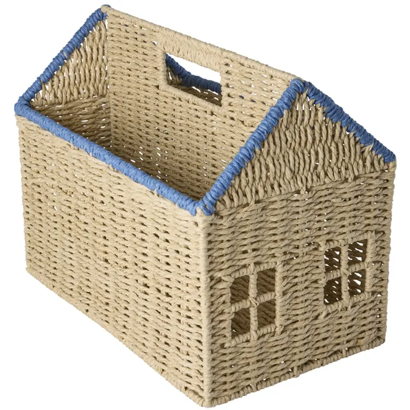 Rice Paper Rope Magazine Holder In House Shape Med Blue Details 1