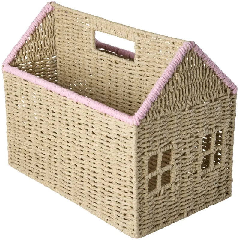 Rice Paper Rope Magazine Holder In House Shape Med Pink Details 1