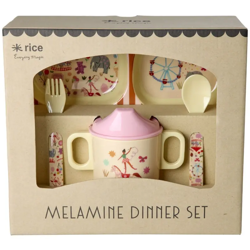 Rice Pink Fun Fair Print Melamine Baby Spisesæt I Gaveæske 4 Pcs 1