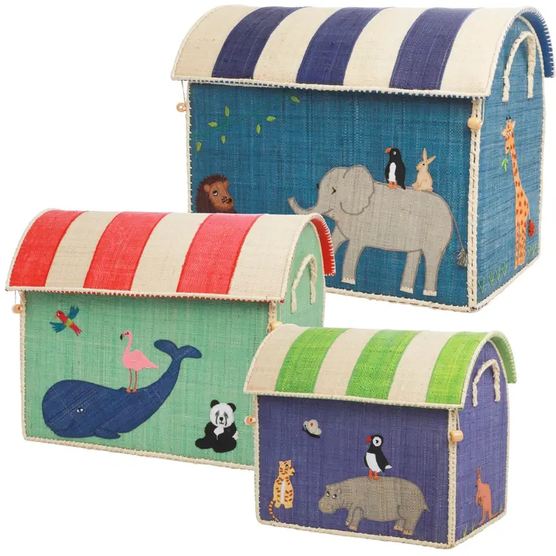 Rice Raffia Legetøj Kurve Med Animal Theme - Sæt Of 3 1