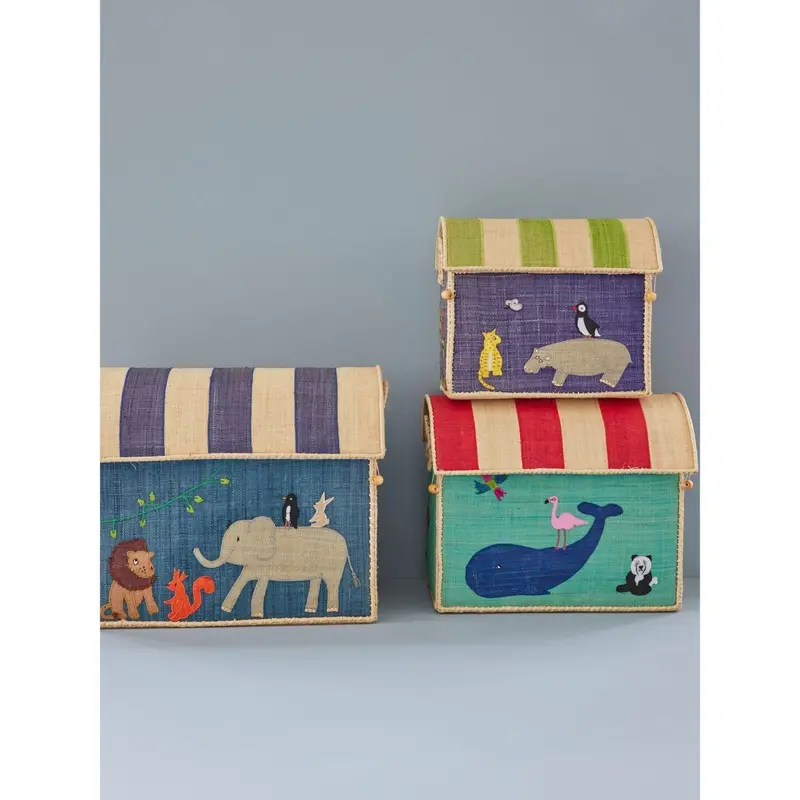 Rice Raffia Legetøj Kurve Med Animal Theme - Sæt Of 3 2