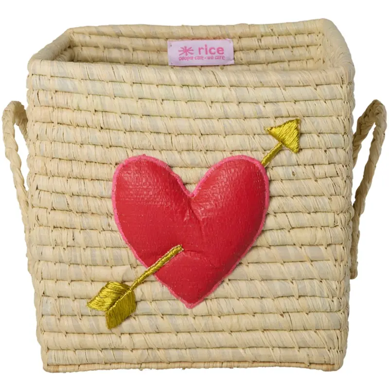 Rice Raffia Square Kurv Med 3D Heart Og Raffia Handles - Small 1