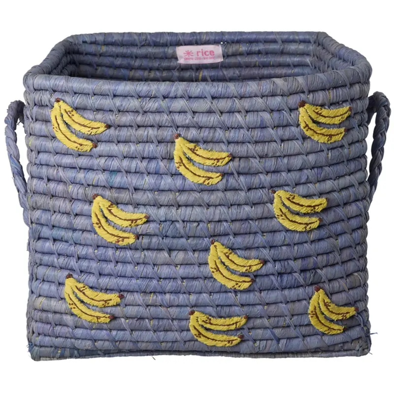 Rice Raffia Square Kurv Med Bananas All Over Embroidery Og Raffia Handles 1