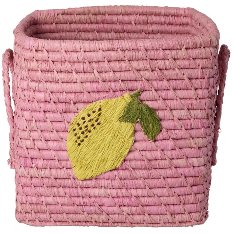 Rice Raffia Square Kurv Med Big Lemon Embroidery Og Raffia Handles - Small 1