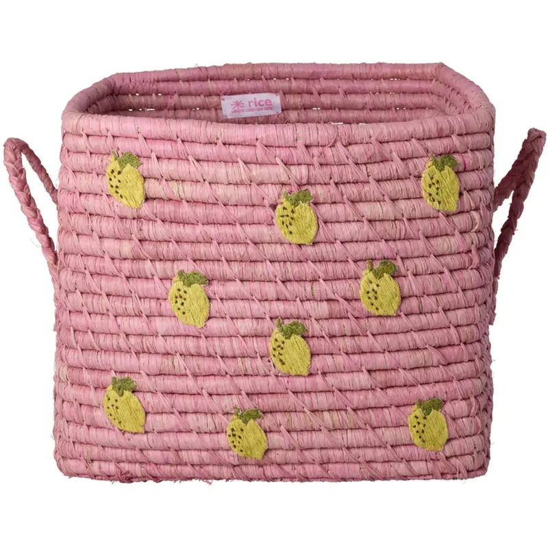 Rice Raffia Square Kurv Med Small Lemons All Over Embroidery Og Raffia Handles 1