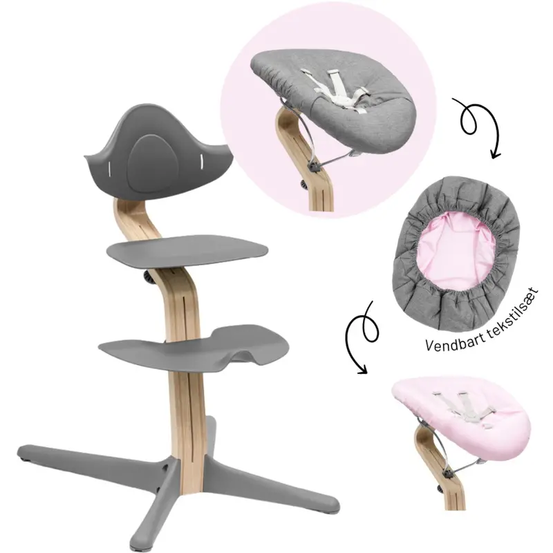 Stokke® Nomi® Natural Grey Stol + Grey Grey Pink Newborn Sæt Bundle 1