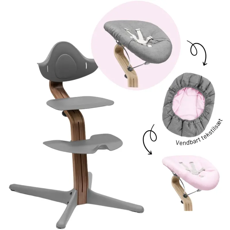 Stokke® Nomi® Walnut Grey Stol + Grey Grey Pink Newborn Sæt Bundle 1