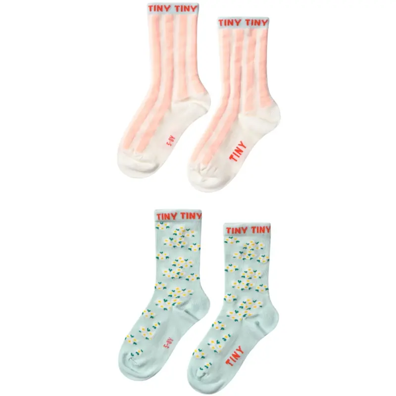 Tinycottons Pale Mint/Off White Pink Stripes & Blossom Medium Strømper 1