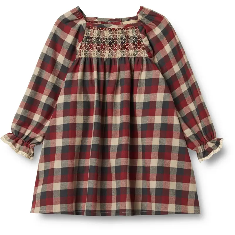 Wheat Red Blue Check Kjole L/S Lace Bella 1