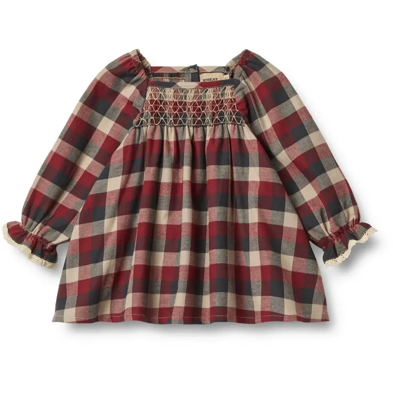 Wheat Red Blue Check Kjole L/S Lace Bella 1