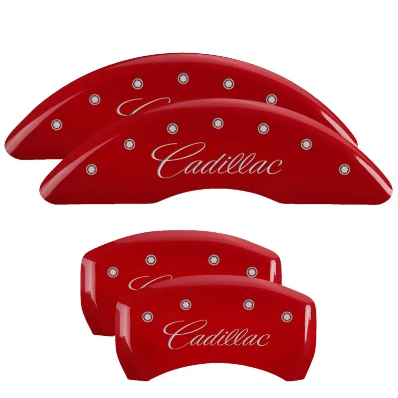 Mgp Engraved 4-Piston Caliper Covers – Cadillac Red With Silver Cursive Detailing 1