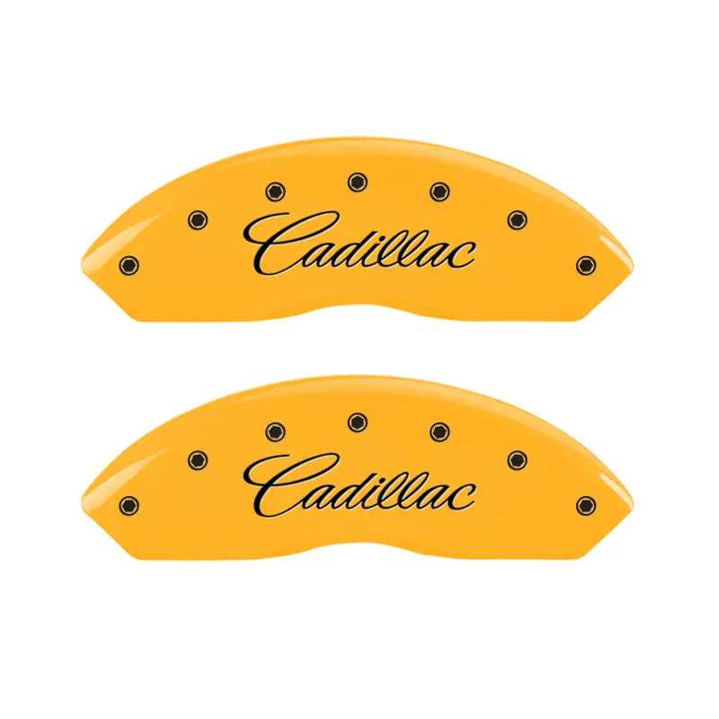 Mgp Engraved 4-Piston Caliper Covers For 2006 Cadillac Srx – Cursive 'F' Logo, Yellow & Black Finish 1